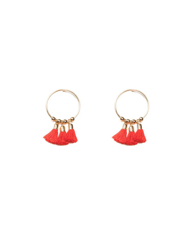 Red Gold Tone Mini Tassel Hoop Earrings