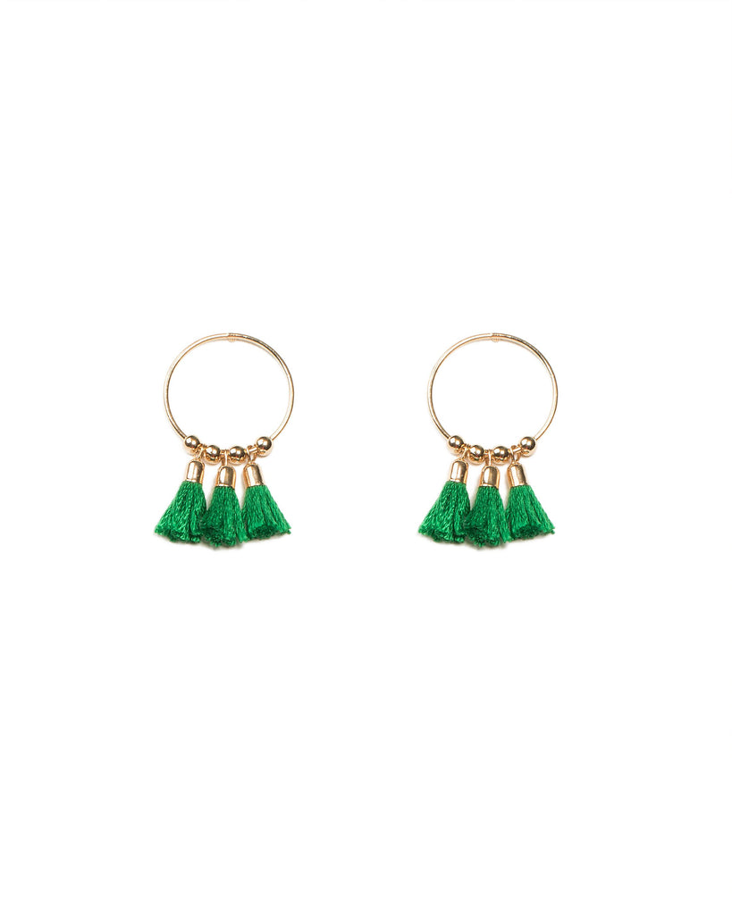 Green Gold Tone Mini Tassel Hoop Earrings