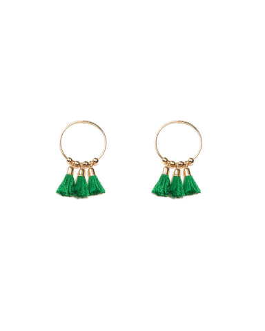 Green Gold Tone Mini Tassel Hoop Earrings