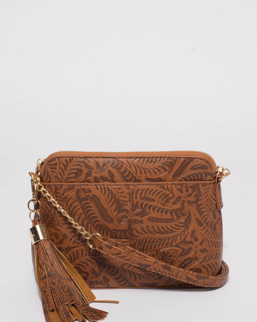 Tan Embossed Karen Crossbody Bag