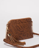 Tan Embossed Karen Crossbody Bag