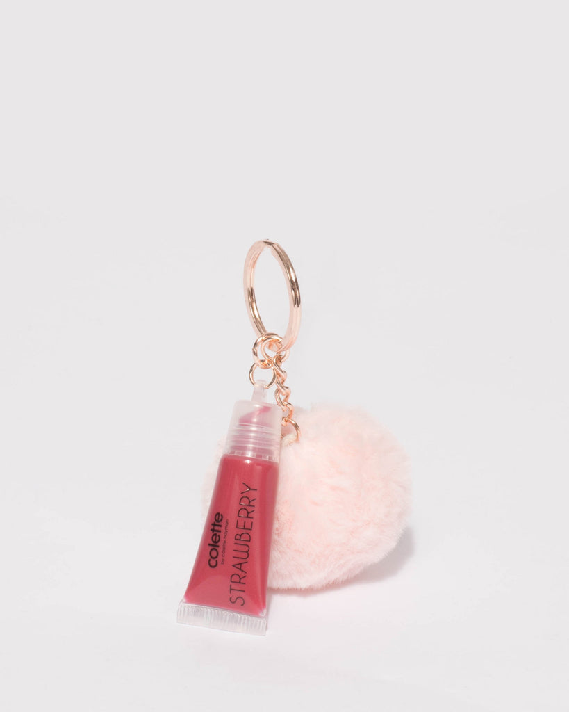 Pink Rose Gold Tone Pom Pom Lipgloss Keyring