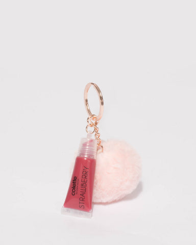 Pink Rose Gold Tone Pom Pom Lipgloss Keyring