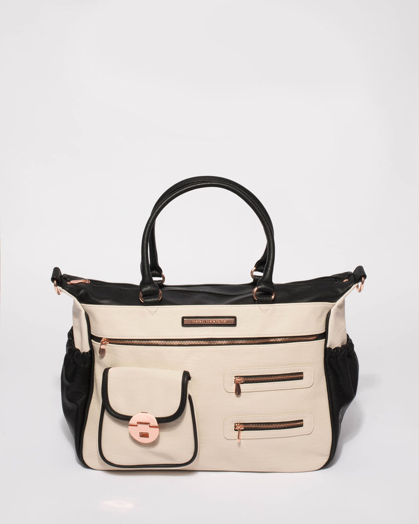 Monochrome Pocket And Zip Baby Bag With Rose Gold Hardware