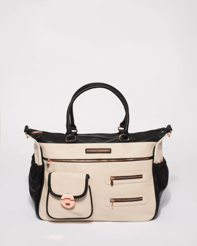 Monochrome Pocket And Zip Baby Bag With Rose Gold Hardware