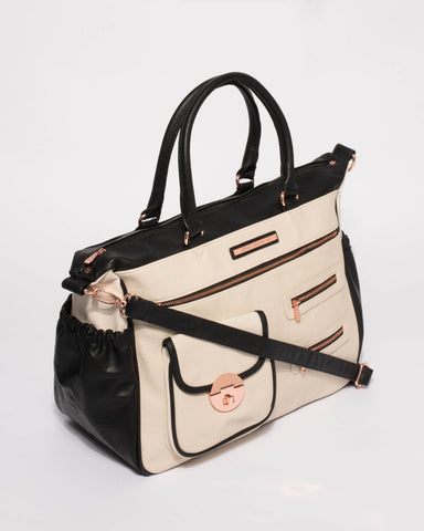 Monochrome Pocket And Zip Baby Bag With Rose Gold Hardware