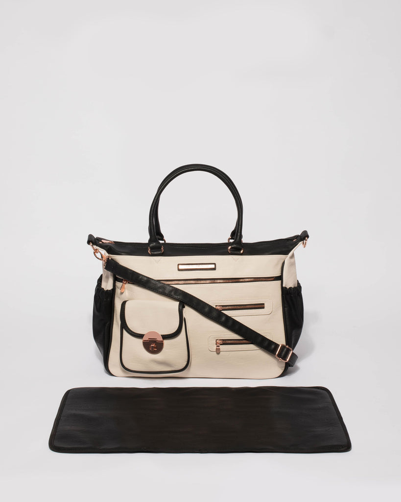 Monochrome Pocket And Zip Baby Bag With Rose Gold Hardware