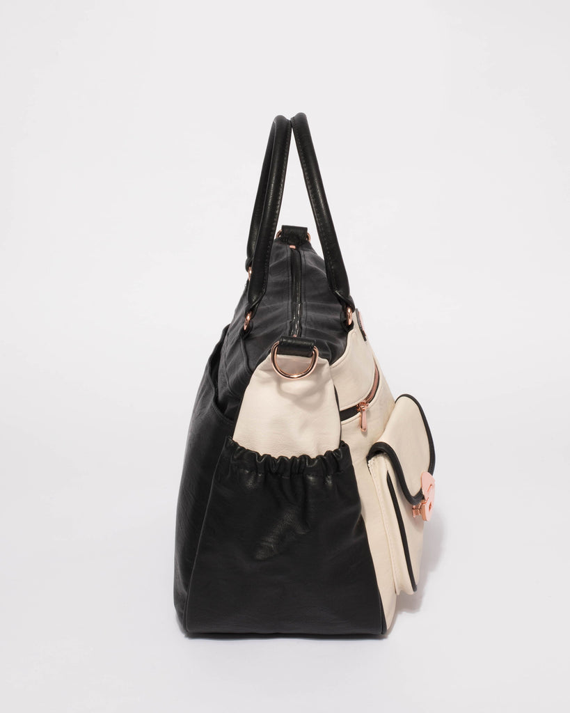 Monochrome Pocket And Zip Baby Bag With Rose Gold Hardware
