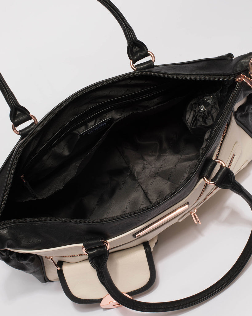 Monochrome Pocket And Zip Baby Bag With Rose Gold Hardware