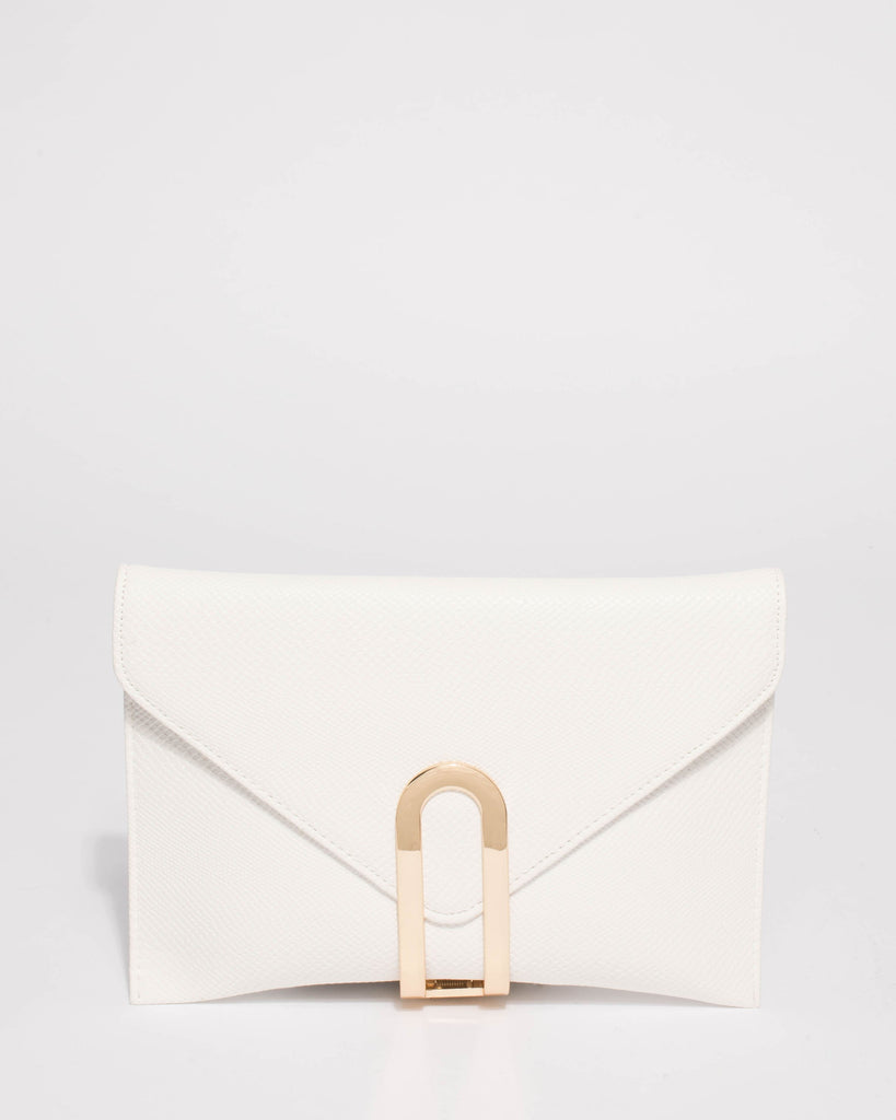 Kimberly White Snake Textured Gold Clasp Clutch