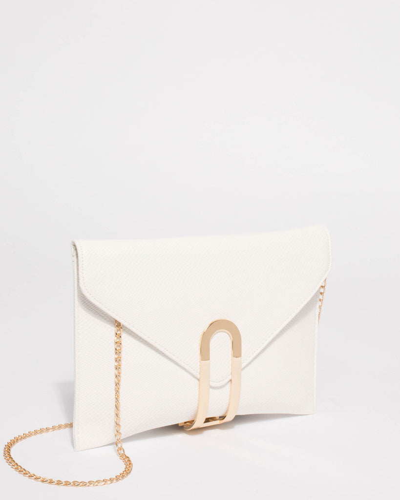 Kimberly White Snake Textured Gold Clasp Clutch