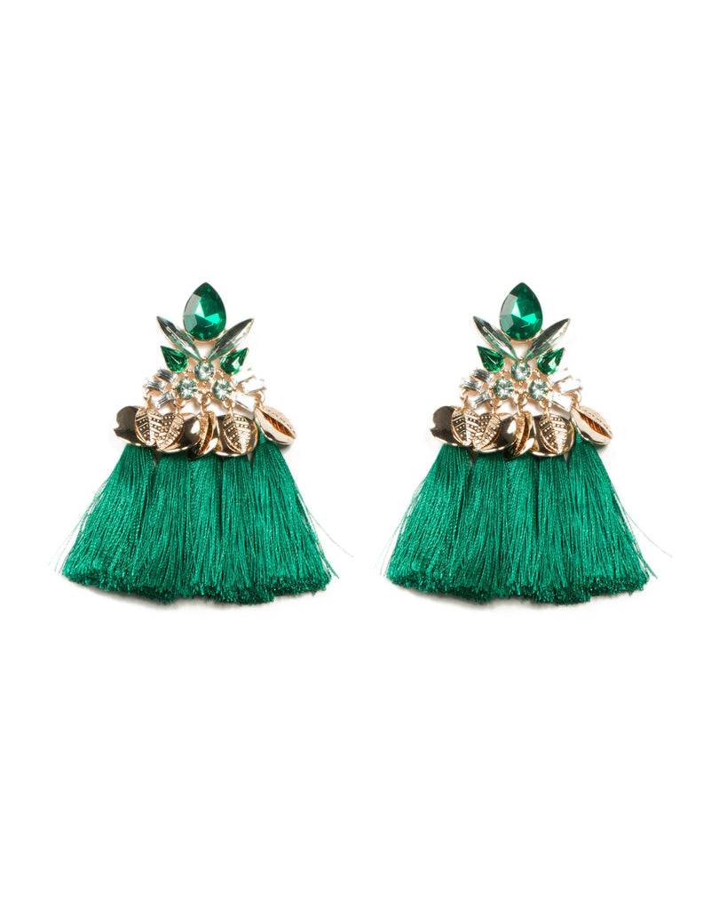 Multi Stone Green Tassel Disc Earrings