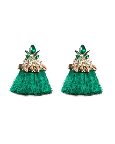Multi Stone Green Tassel Disc Earrings