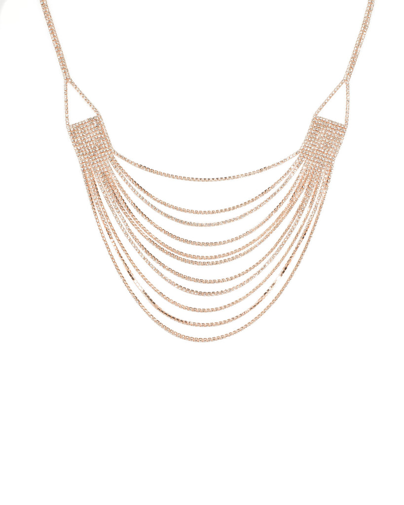 Rose Gold Tone Diamante Multi Row Chain Statement Necklace