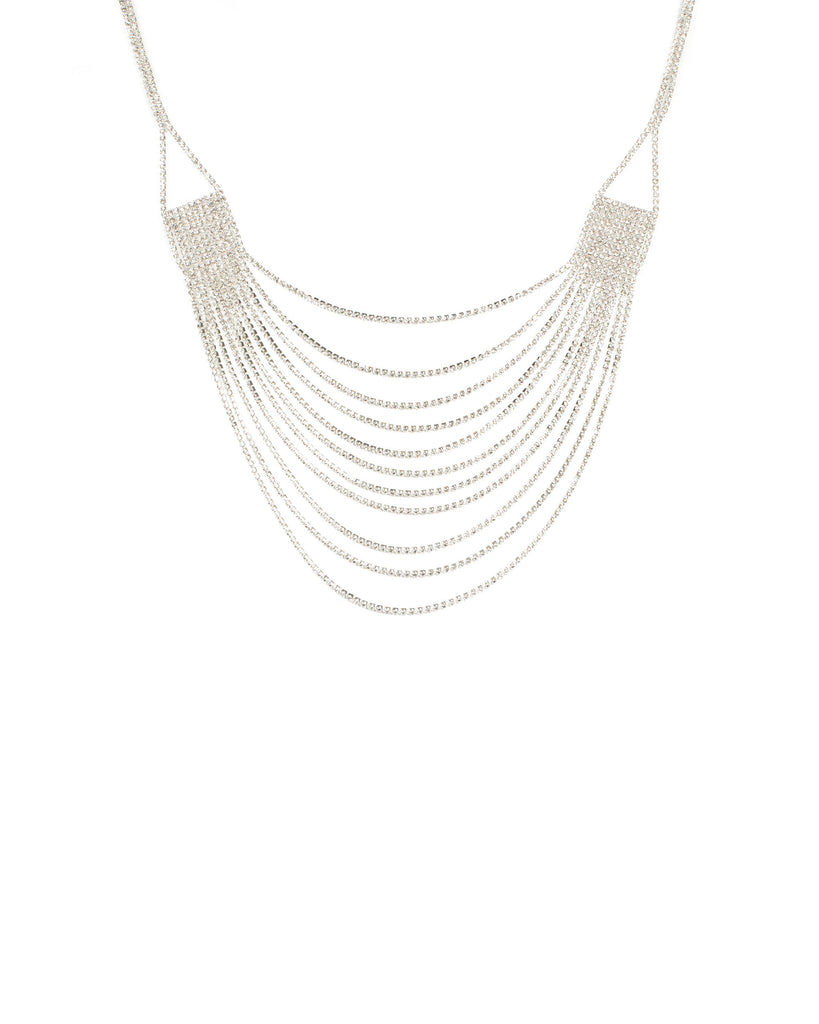 Crystal Silver Tone Multi Row Chain Statement Necklace