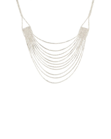 Crystal Silver Tone Multi Row Chain Statement Necklace