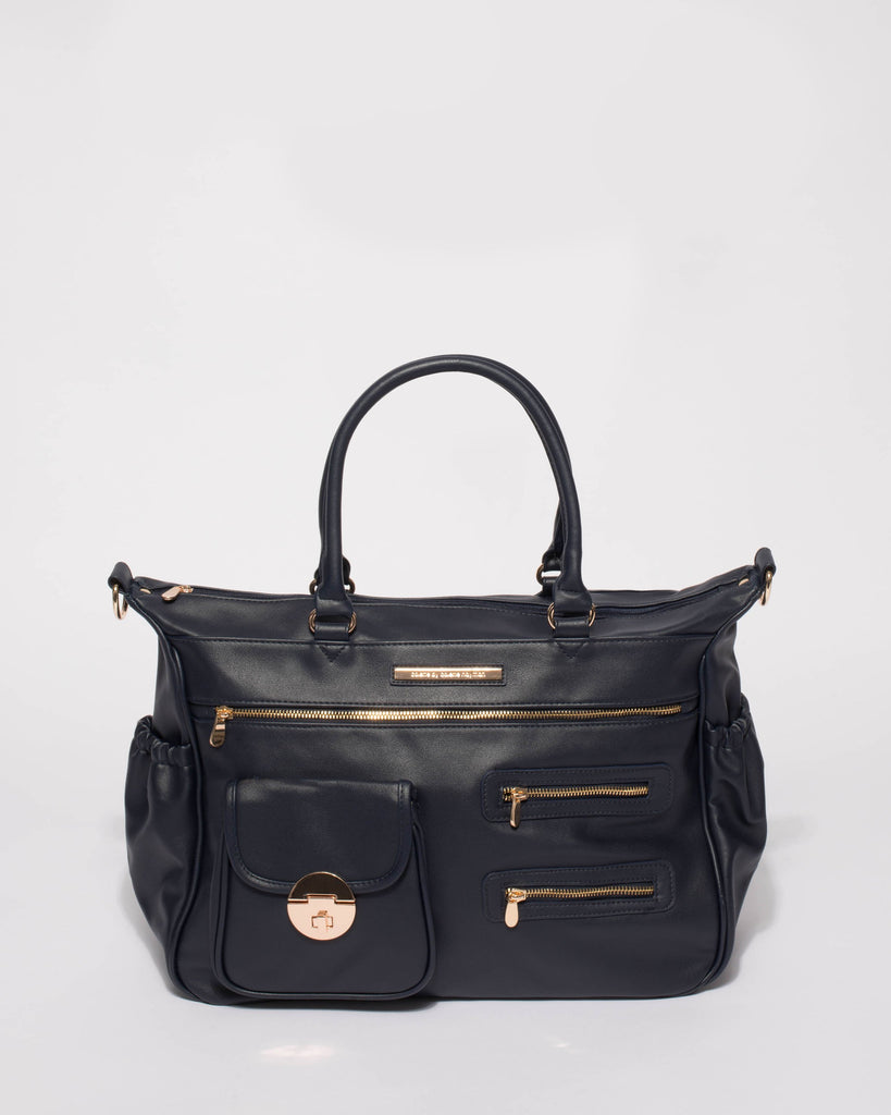 Navy Smooth Zip Baby Bag With Gold Hardware