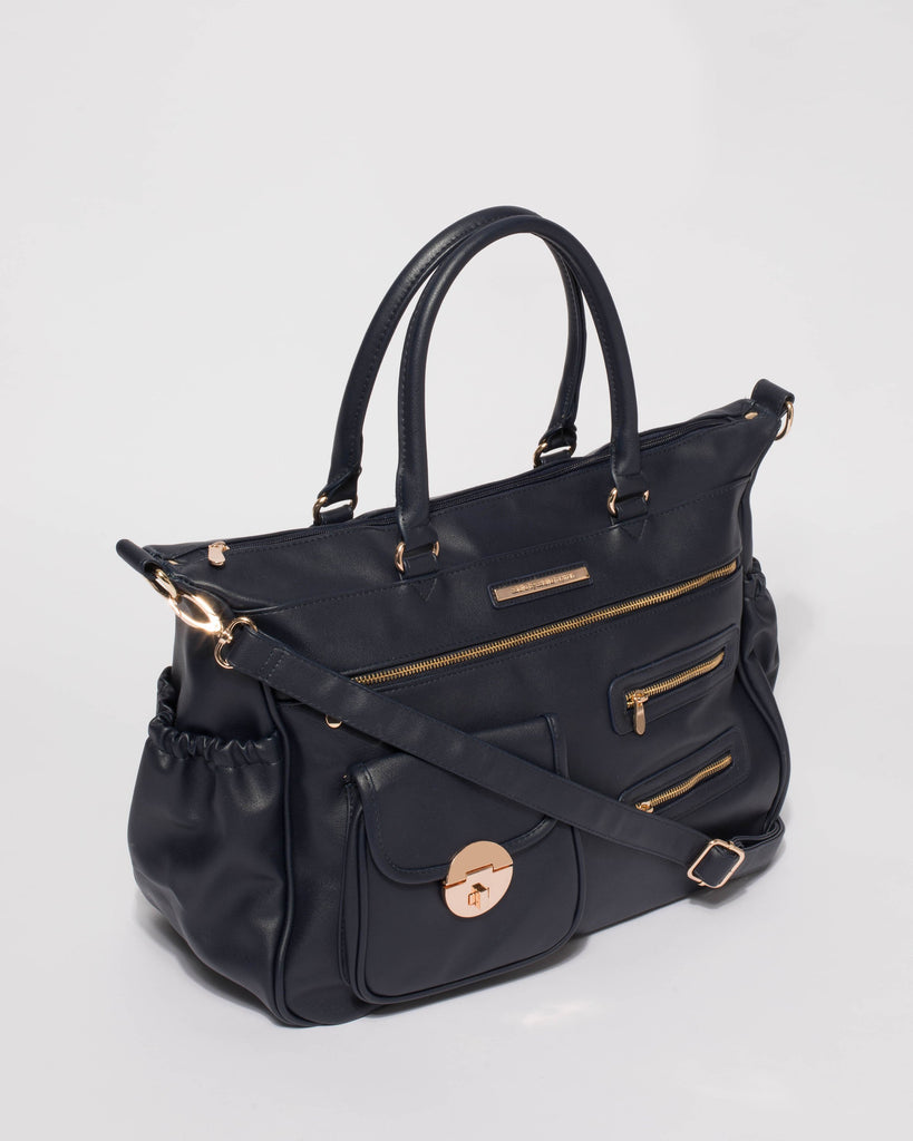 Navy Smooth Zip Baby Bag With Gold Hardware