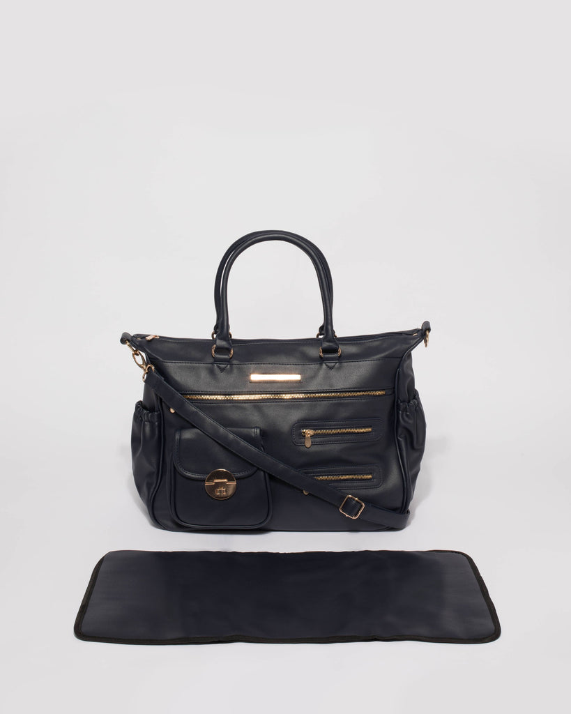 Navy Smooth Zip Baby Bag With Gold Hardware