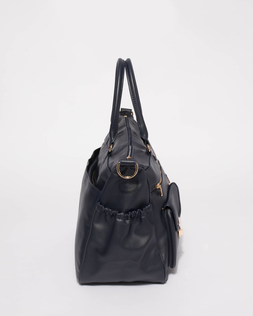 Navy Smooth Zip Baby Bag With Gold Hardware