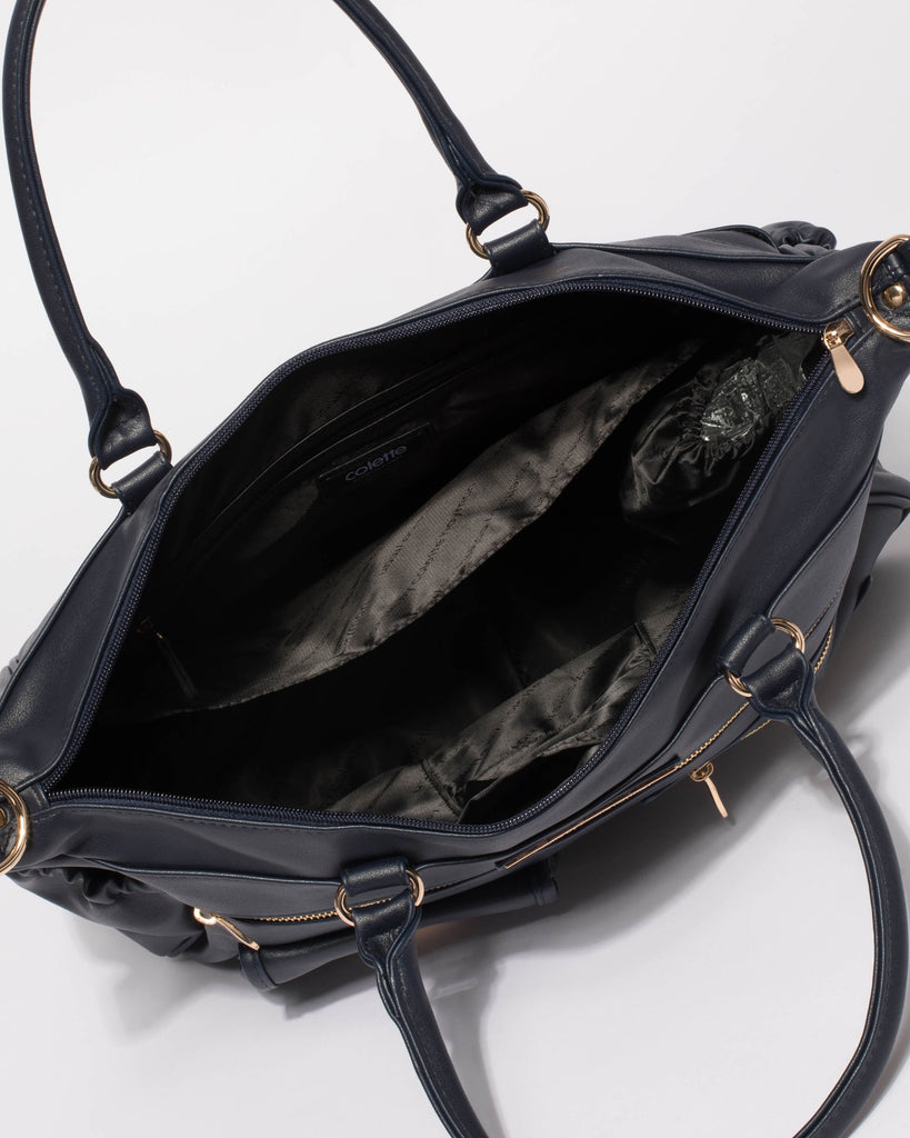 Navy Smooth Zip Baby Bag With Gold Hardware