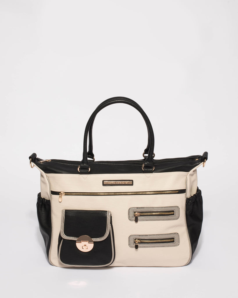 Monochrome Pocket And Zip Baby Bag With Gold Hardware