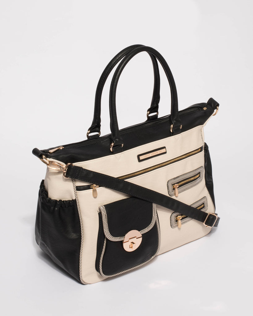 Monochrome Pocket And Zip Baby Bag With Gold Hardware