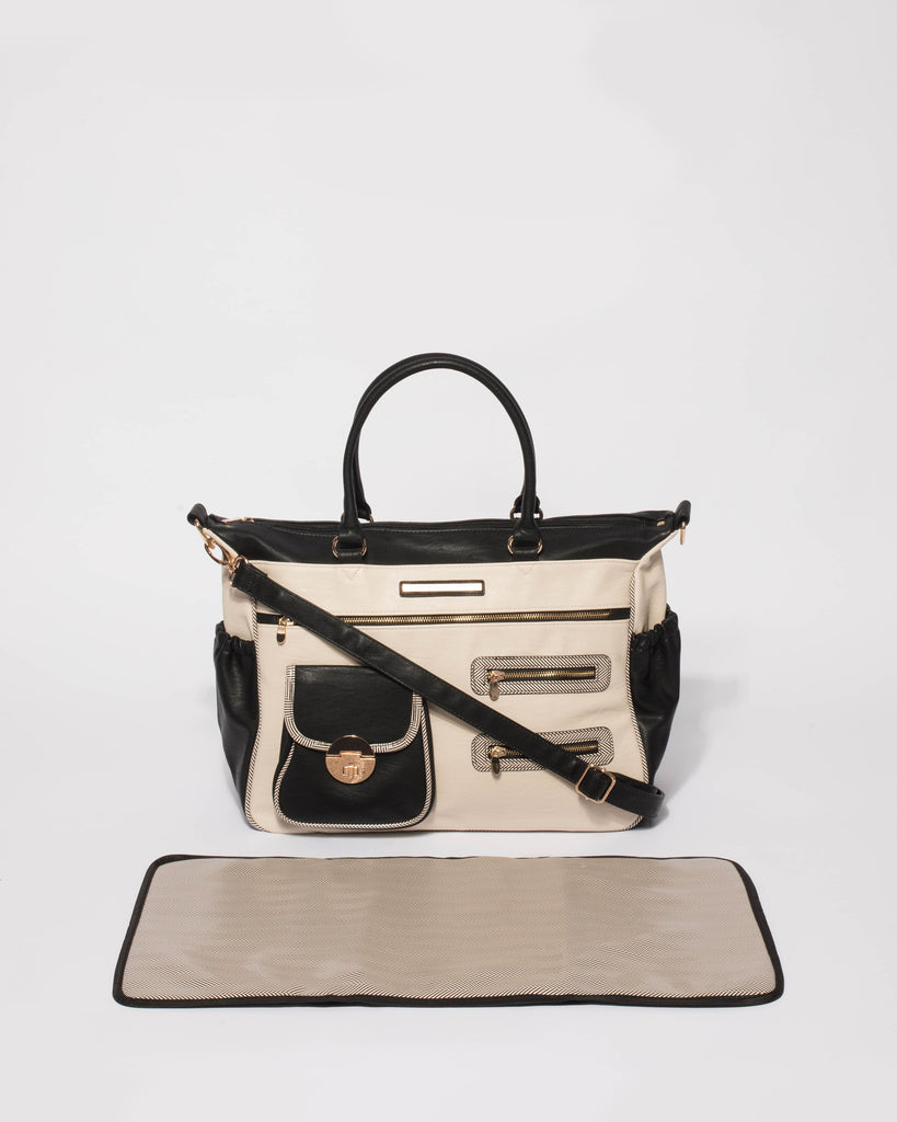 Monochrome Pocket And Zip Baby Bag With Gold Hardware