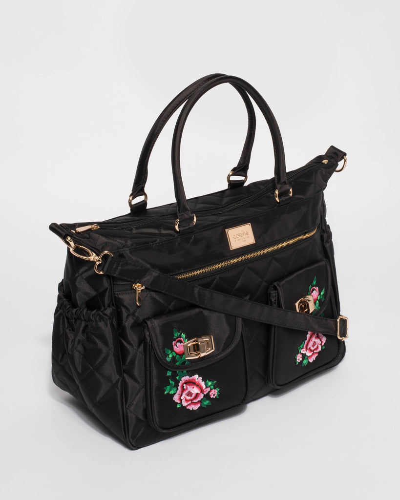 Black Nylon Flower Quilted Baby Bag With Gold Hardware