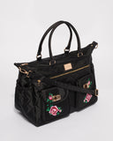 Black Nylon Flower Quilted Baby Bag With Gold Hardware