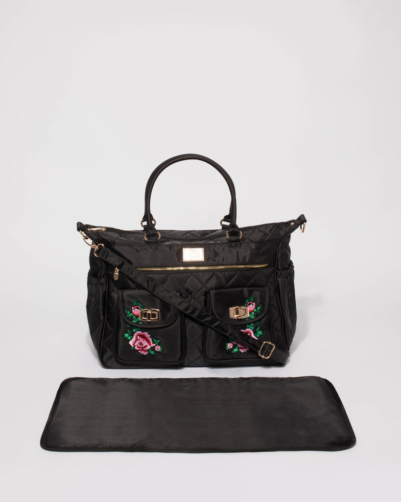 Black Nylon Flower Quilted Baby Bag With Gold Hardware