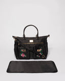 Black Nylon Flower Quilted Baby Bag With Gold Hardware