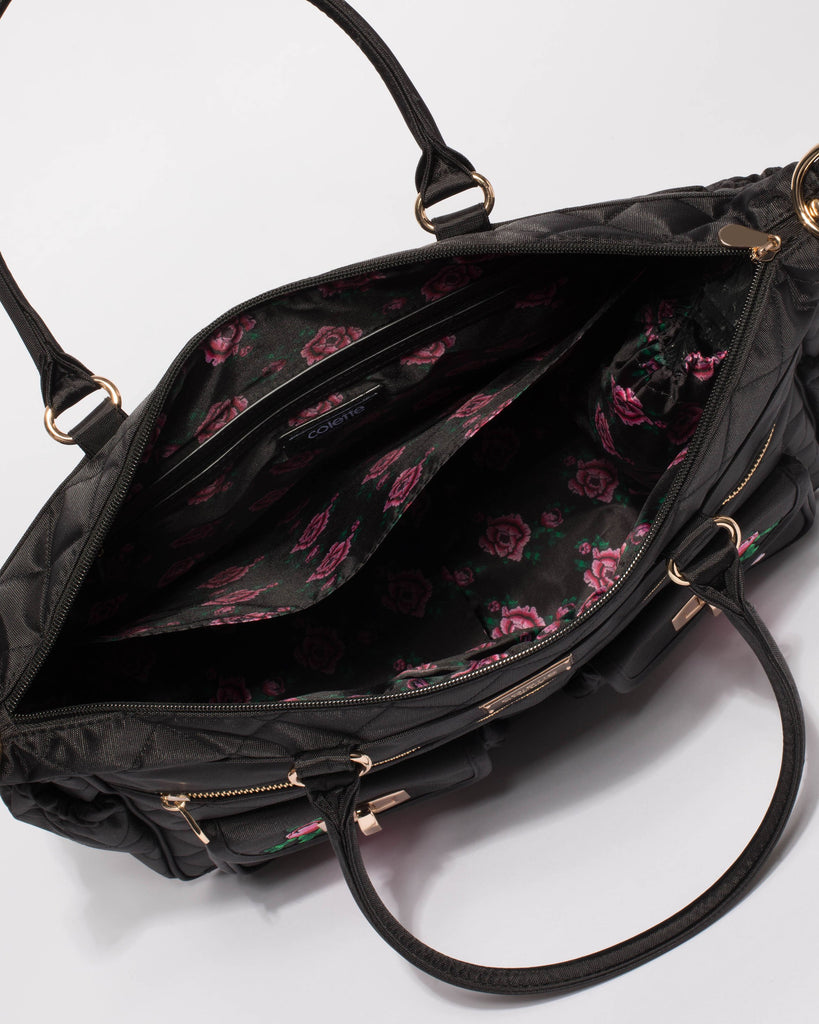 Black Nylon Flower Quilted Baby Bag With Gold Hardware