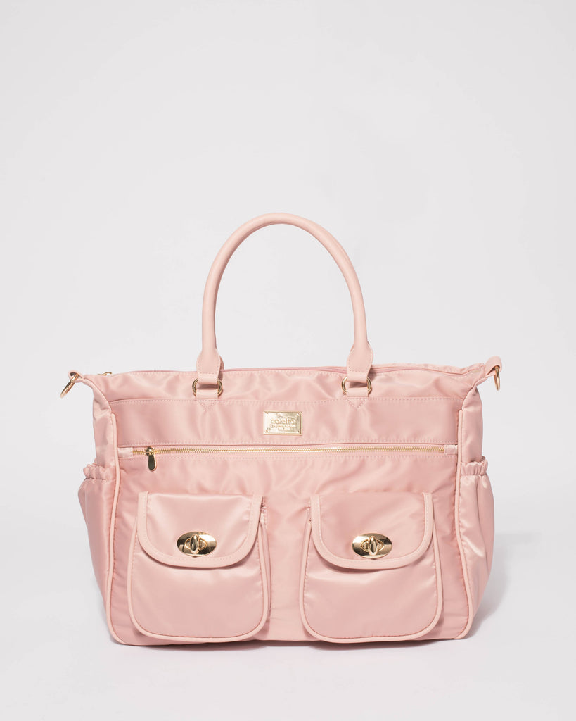 Pink Nylon Travel Baby Bag With Gold Hardware