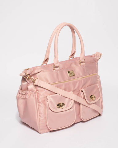 Pink Nylon Travel Baby Bag With Gold Hardware