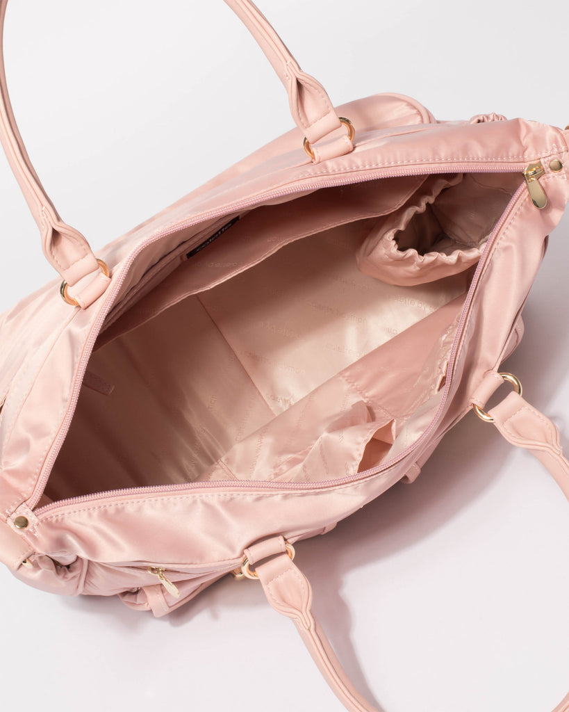 Pink Nylon Travel Baby Bag With Gold Hardware