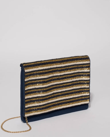 Navy Gold Anna Beaded Clutch Bag