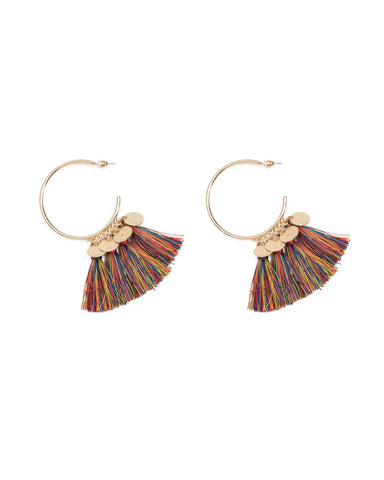 Multi Colour Gold Tone Disk And Tassel Hoop Earrings