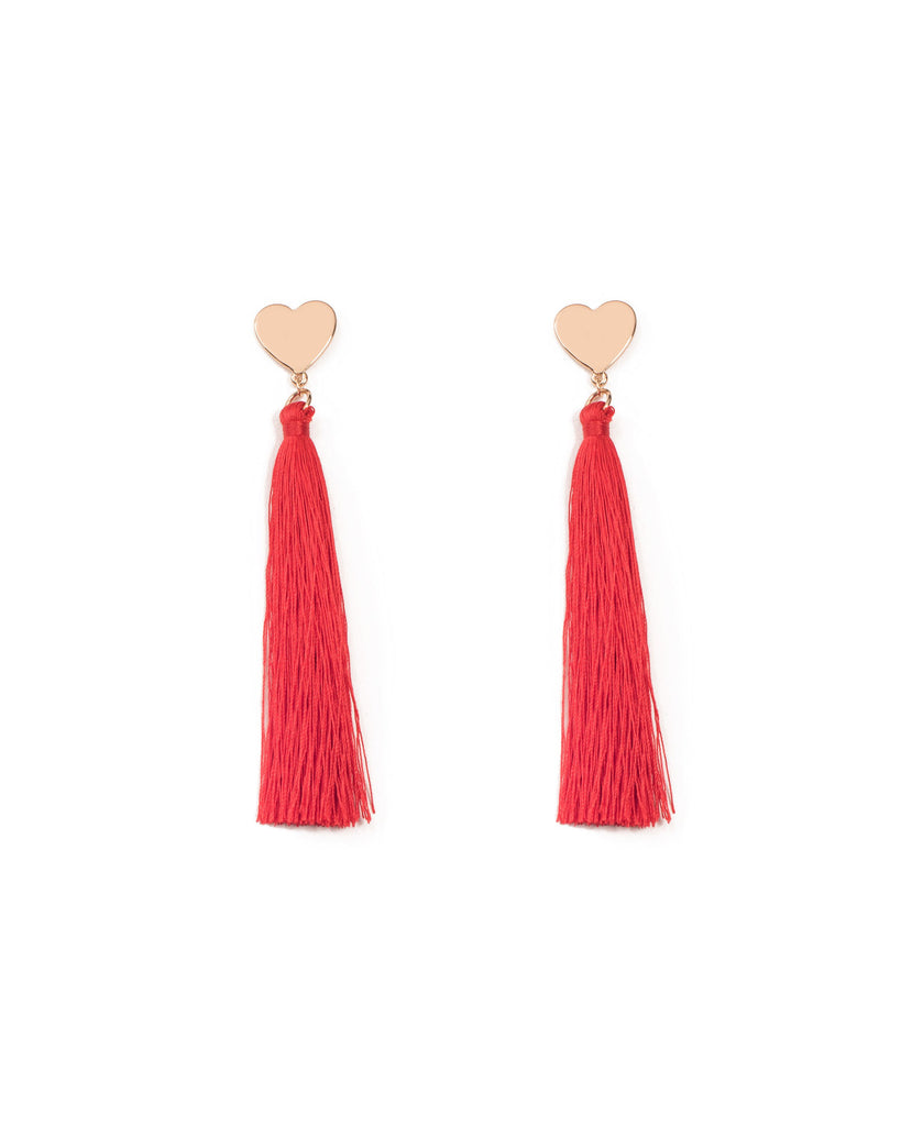 Gold Heart Drop Red Tassel Earrings