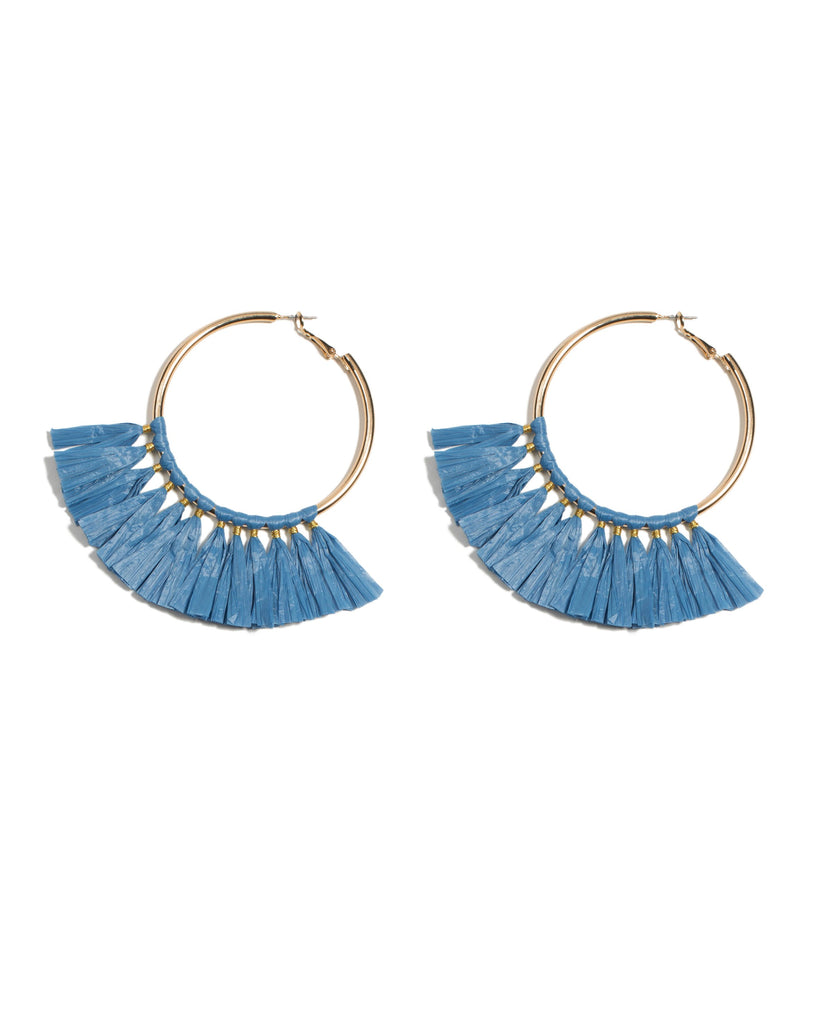 Raffia Blue Tassel Hoop Earrings
