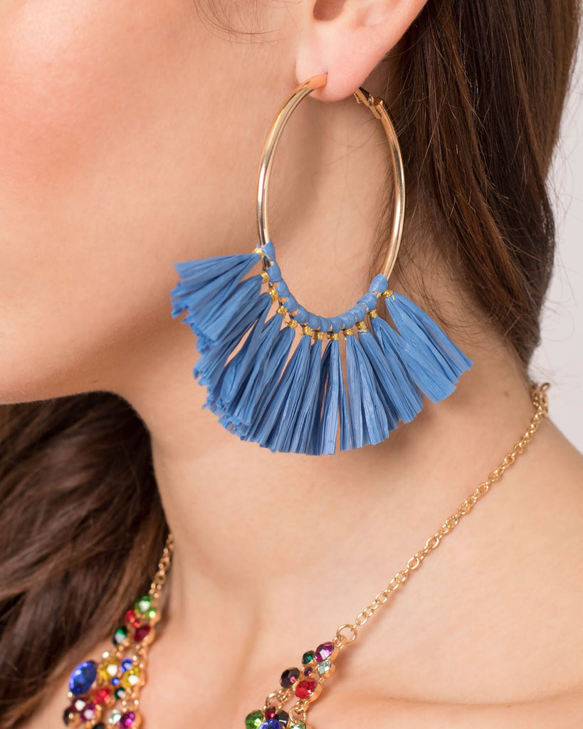 Raffia Blue Tassel Hoop Earrings