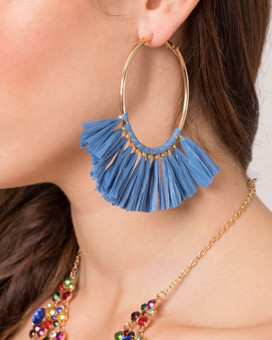 Raffia Blue Tassel Hoop Earrings