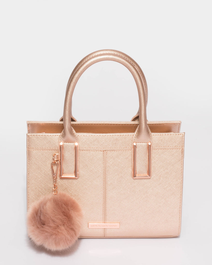 Stef Rose Gold Saffiano Pom Pom Mini Bag