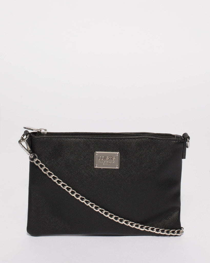 Black Plain Peta Chain Crossbody Bag With Silver Hardware
