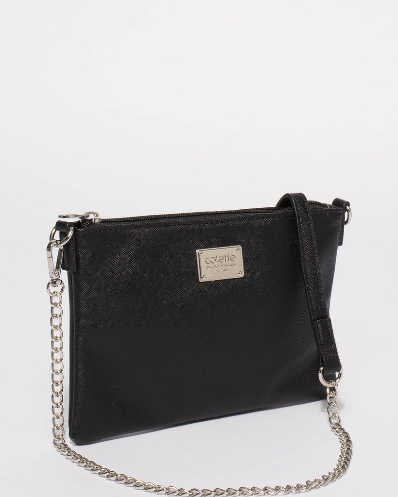 Black Plain Peta Chain Crossbody Bag With Silver Hardware