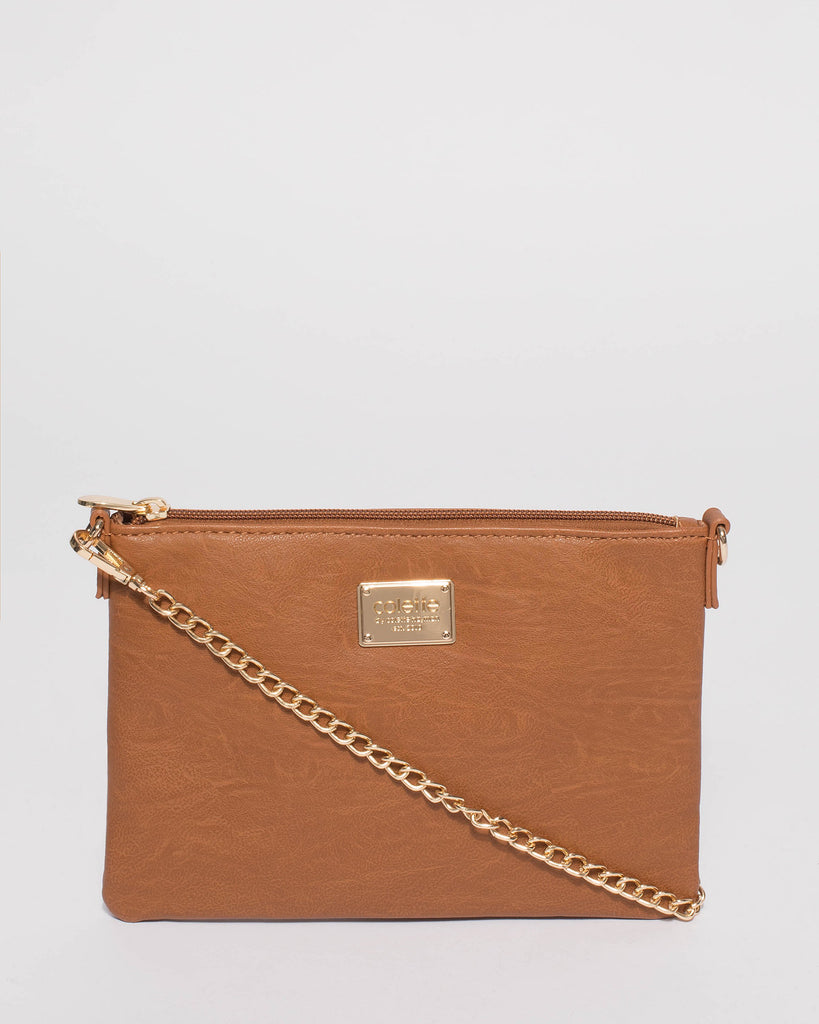 Tan Plain Peta Chain Crossbody Bag