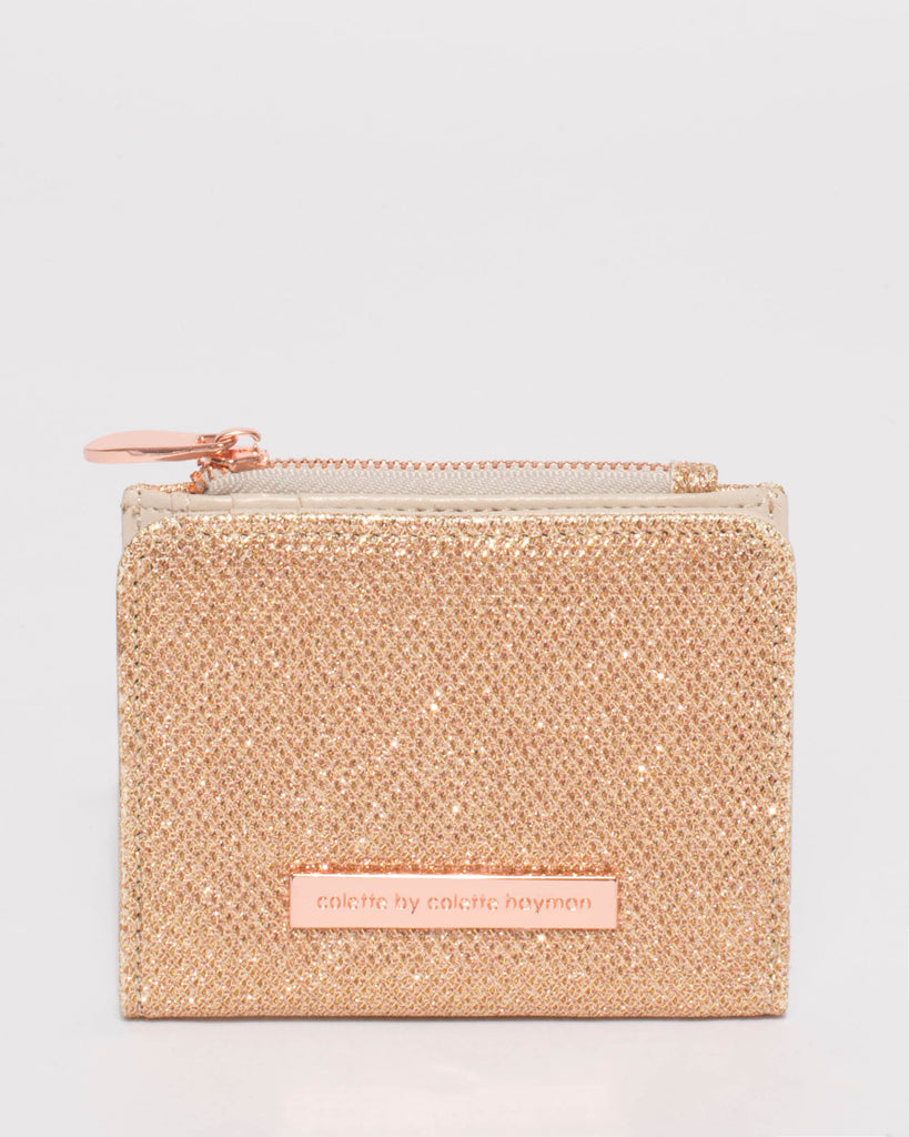 Rose Gold Glitter Han Mini Wallet With Rose Gold Hardware