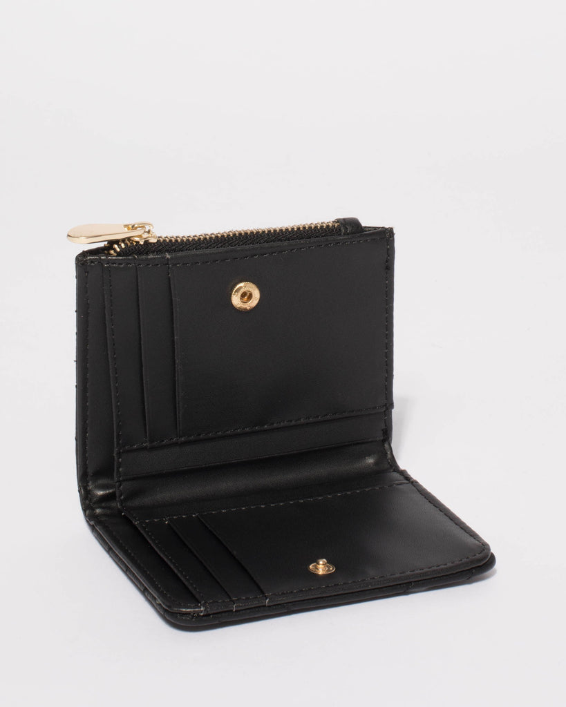 Black Quilted Han Mini Wallet With Gold Hardware