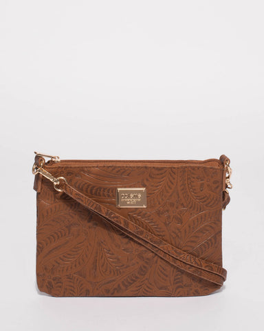 Tan Embossed Peta Crossbody Bag