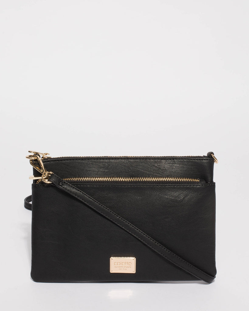 Black Demi Double Crossbody Bag With Gold Hardware
